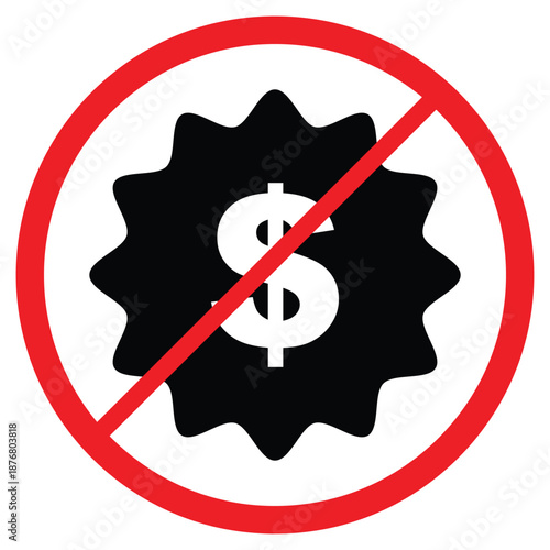 Forbidden symbol with gear and dollar sign inside red circle on white background