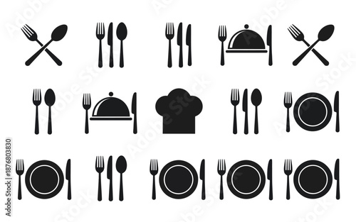 fork, spoon, knife, plate, chef hat, and cloche icons in line and flat style, restaurant and dinnerware vector illustration.