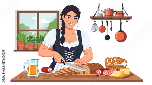 Flat vector illustration of a German woman slicing and serving traditional bread at a wooden table, classic food culture and lifestyle activity
