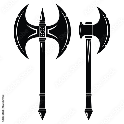 Black silhouette of two fantasy battle axes with sharp blades and handles  medieval weapon design