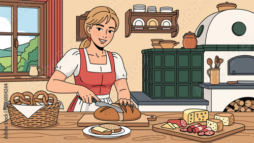 Flat vector illustration of a German woman slicing and serving traditional bread at a wooden table, classic food culture and lifestyle activity