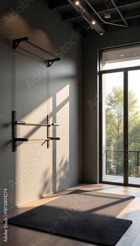 Serene fitness studio interior in morning light, calm atmosphere