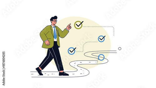 Man walking on path with checkmarks, business strategy and success concept