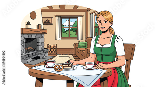 Flat vector illustration of a German woman enjoying tea time with pastries, calm traditional lifestyle moment inspired by European culture