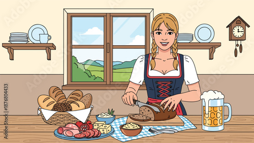 Flat vector illustration of a German woman slicing and serving traditional bread at a wooden table, classic food culture and lifestyle activity