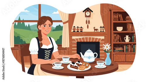 Flat vector illustration of a German woman enjoying tea time with pastries, calm traditional lifestyle moment inspired by European culture
