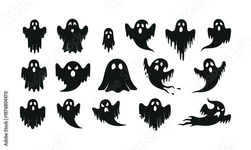 Collection of spooky black ghost silhouettes for halloween design
