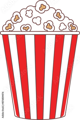 Simple vector illustration of a classic overflowing bucket of freshly popped corn featuring red and white vertical stripes on a clean white background suitable for snack concepts