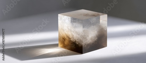 Minimalist Crystal Cube with Caustic Effects Under Stark Light and Shadow Play