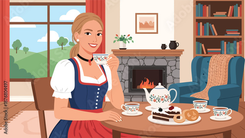 Flat vector illustration of a German woman enjoying tea time with pastries, calm traditional lifestyle moment inspired by European culture