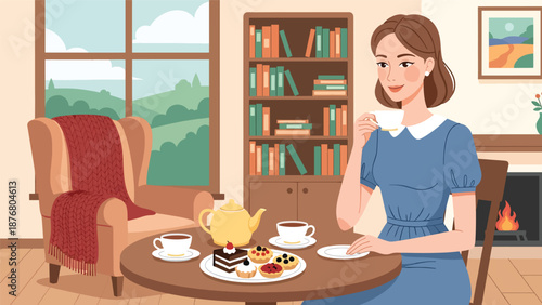 Flat vector illustration of a German woman enjoying tea time with pastries, calm traditional lifestyle moment inspired by European culture