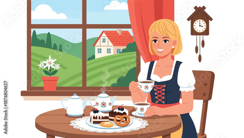 Flat vector illustration of a German woman enjoying tea time with pastries, calm traditional lifestyle moment inspired by European culture