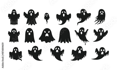 Collection of spooky black ghost silhouettes for halloween designs