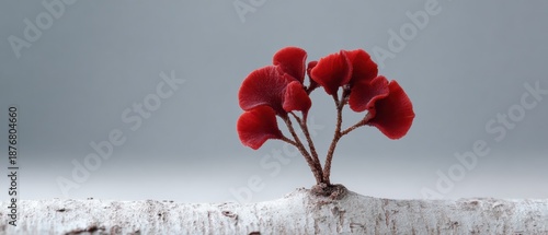 Vibrant Red Fungal Growth on Birch Log in a Minimalist Setting