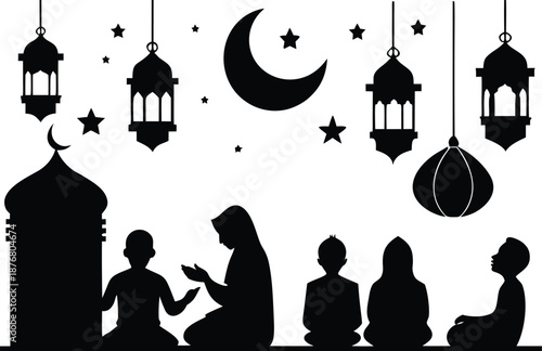 Family praying silhouettes with lanterns isolated on transparent background, Vector, illustration
