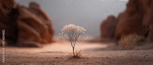 Lone Flower Blooming in Minimalist Desert Landscape Under Soft Natural Light
