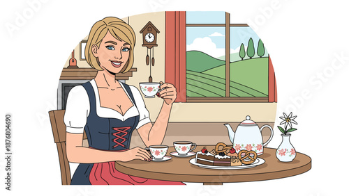 Flat vector illustration of a German woman enjoying tea time with pastries, calm traditional lifestyle moment inspired by European culture