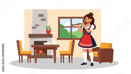Vector illustration of a German woman playing a folk flute indoors, traditional music practice and cultural heritage lifestyle