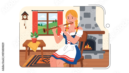 Vector illustration of a German woman playing a folk flute indoors, traditional music practice and cultural heritage lifestyle