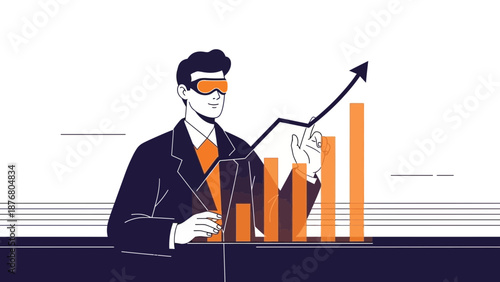 Businessman with VR headset analyzes upward trending stock market graph with data visualization