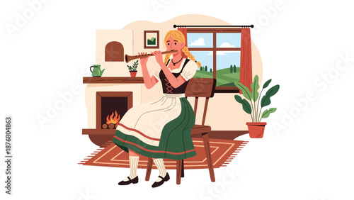 Vector illustration of a German woman playing a folk flute indoors, traditional music practice and cultural heritage lifestyle