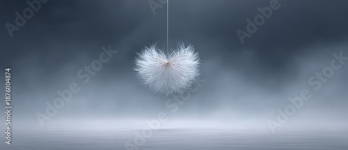Elegant Minimalist Presentation of a Dandelion Seed Suspended Over a Mystical Background