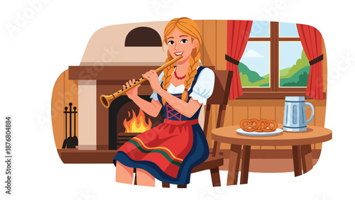 Vector illustration of a German woman playing a folk flute indoors, traditional music practice and cultural heritage lifestyle