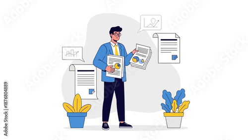 Businessman analyzing financial reports and charts in modern office setting