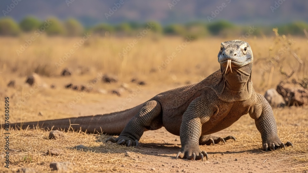 Fototapeta premium Komodo dragon walking across dry savanna landscape, powerful giant lizard in natural habitat, dramatic wildlife scene highlighting prehistoric reptile, biodiversity and nature exploration concept