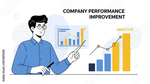 Man presenting company performance improvement with analytics charts