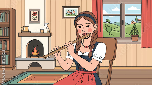 Vector illustration of a German woman playing a folk flute indoors, traditional music practice and cultural heritage lifestyle