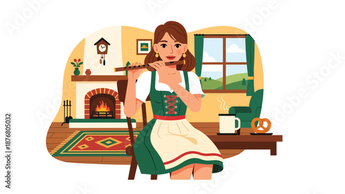 Vector illustration of a German woman playing a folk flute indoors, traditional music practice and cultural heritage lifestyle