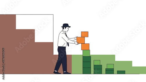 Businessman stacking blocks, building progress, strategy, success, career growth, concept