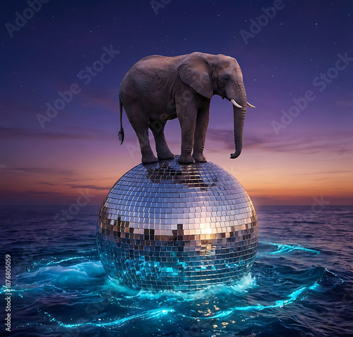 Surreal elephant standing on a disco ball in the ocean at sunset
