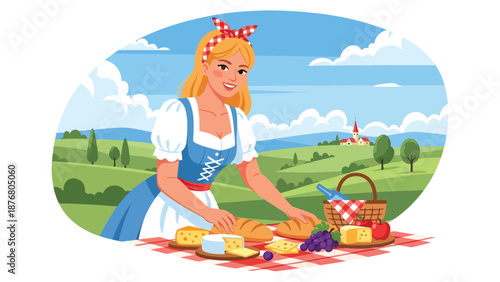 Flat vector illustration of a German woman preparing a countryside picnic with bread and fruit, traditional outdoor lifestyle activity