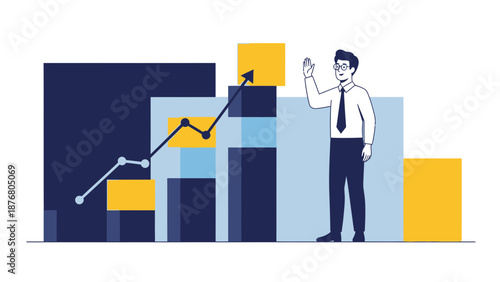 Business Growth Chart with Waving Businessman - Success Concept