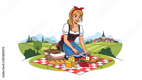 Flat vector illustration of a German woman preparing a countryside picnic with bread and fruit, traditional outdoor lifestyle activity