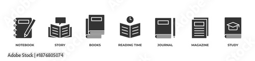 Study & Storytime Icons set vector illustration glyph with Notebook, Story, Books, Reading time, Journal, Magazine, Study