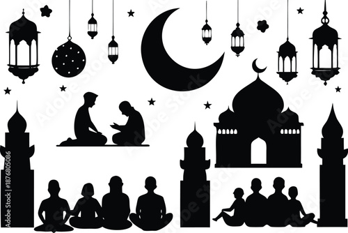 Islamic prayer and mosque silhouettes isolated on transparent background, Vector, illustration