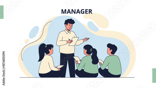 Manager leading team meeting, presenting ideas, discussing strategy with colleagues