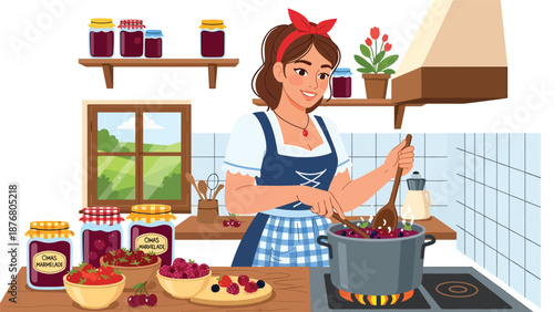 Flat vector illustration of a German woman preparing homemade jam, traditional food preservation activity and cultural lifestyle