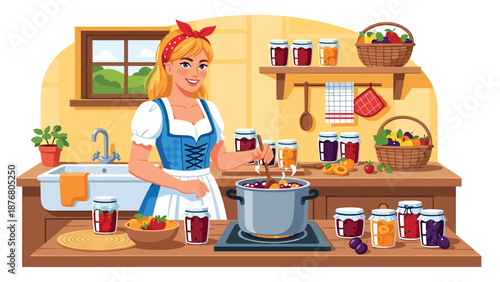 Flat vector illustration of a German woman preparing homemade jam, traditional food preservation activity and cultural lifestyle