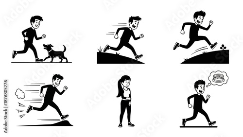 Illustration collection of active man running and jogging with dog in different situations including uphill racing and dreaming of cake reward as goal