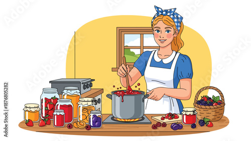 Flat vector illustration of a German woman preparing homemade jam, traditional food preservation activity and cultural lifestyle