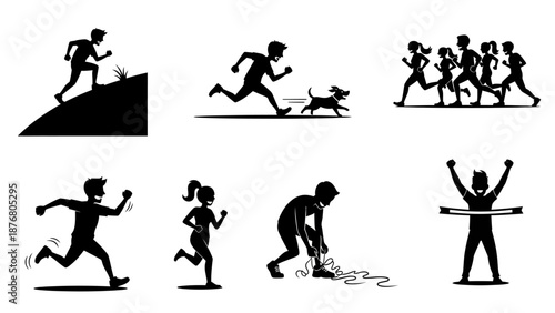 Black silhouette collection of people running together including marathon finish line and group jogging with pets for healthy lifestyle competition art