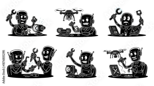 Six silhouette illustrations of technician robots repairing assembling and using various modern technology gadgets like drones and cameras