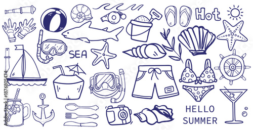 WebHand-sketched beach and surf doodle icon vector collection featuring tropical symbols such as palm trees, ocean waves, surfboards, and sunshine. Ideal for summer apparel, posters, branding etc.