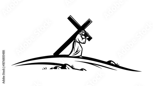 Jesus Christ carrying a large wooden cross on a hill.