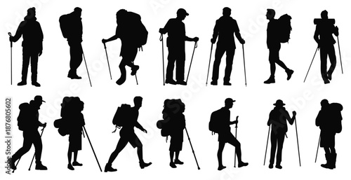 Black silhouette set of hiking people with backpacks, trekking poles and outdoor poses. Perfect for travel, adventure, tourism, nature and outdoor design projects.