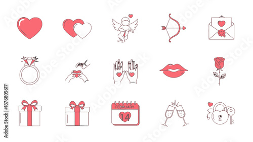 Valentine's Day icons set with hearts and love symbols.